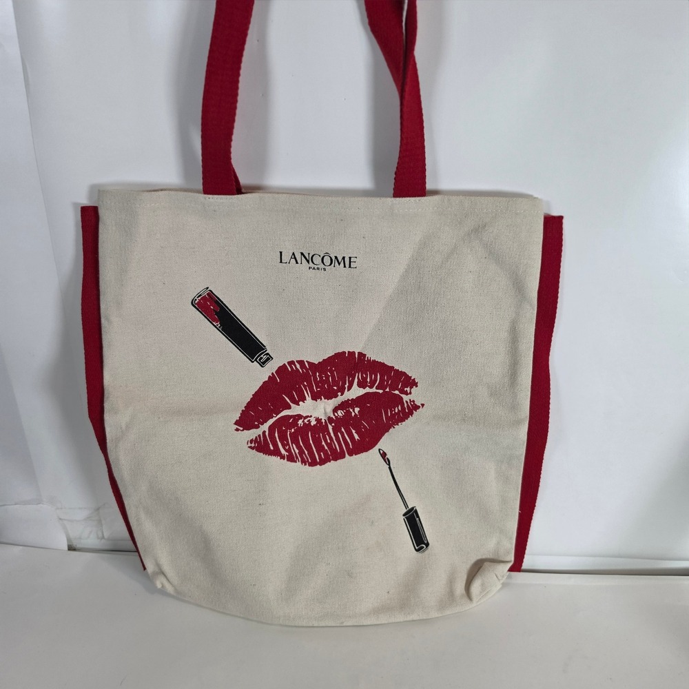 Lancome Paris Canvas Tote Bag Red Lips Lipstick Makeup Gift Shoulder Purse Cream